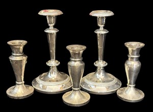 lot 34R image: L - Set of 5 Vintage Silver and Brushed Silver Candle Holders including Restoration Hardware