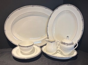 lot 39R image: K - Vintage Wedgwood Amherst Bone China Serving Set with Platters, Bowls, Sugar and Creamer