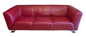 lot 41R image: LR - Vintage Red Leather Sofa with Metal Legs