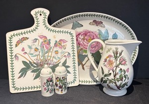 lot 63R image: L - Portmeirion The Botanic Garden Ceramic Tableware Set with Pitcher, Platter, Salt & Pepper Shakers, and Cutting Board