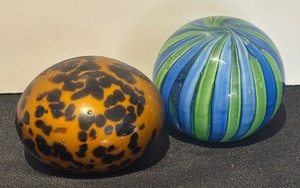 lot 68R image: K - Set of 2 Glass Paperweights with Animal Print and Striped Design
