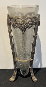 lot 69R image: L - Vintage Glass Vase with Ornate Metal Stand and Grapevine Motif