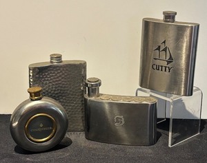 lot 108R image: K - Set of 4 Vintage Metal Flasks including Cutty and Courvoisier