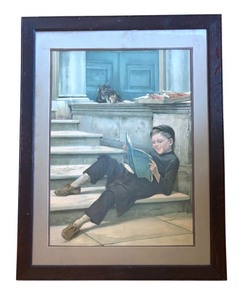 lot 197R image: LR -  Boy Reading on Steps Print by Catherine Amyot