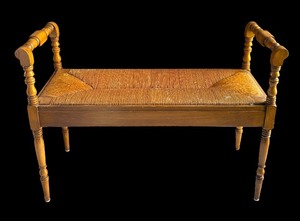 lot 235R image: LR - Vintage Wooden Bench with Caned Seat and Turned Arms