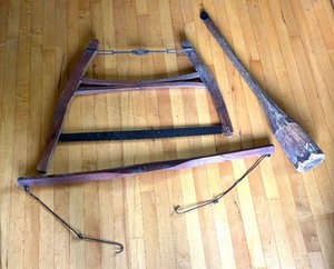 lot 258R image: Lot of 3 Vintage Wooden Tools Including Bucksaw, Mallet and Yoke