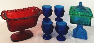 lot 56C image: K - Vintage Glassware Collection Rectangle Indiana Glass Dish, Cobalt Blue Glass Egg Cups, Jeannette Blue and Green Pedestal Glass Wedding Box