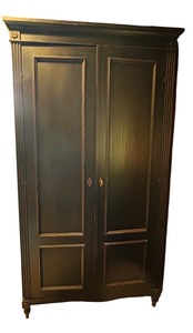 lot 59C image: K - Tall Vintage Black Wooden Armoire Cabinet with Shelves and Key