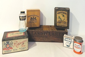 lot 91C image: K - Collection of Vintage Advertising Tins, Bottles, and Crates