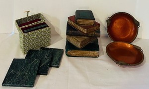 lot 121C image: K - Decorative Set Including Faux Stacked Books, Green Marble Coasters, and Fabric Box