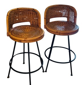lot 131C image: LR - Pair of Vintage Rattan and Metal Bar Stools