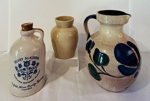 lot 132C image: K - 3-Piece Vintage Stoneware Pottery Collection Pitcher, Crock, Henry McKenna Jug