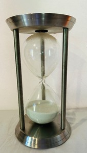 lot 138C image: K - 12-Inch Metal and Glass Hourglass Sand Timer