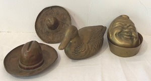 lot 175C image: K - Set of 4 Vintage Brass Figurines Including Hats, Duck, and Laughing Face