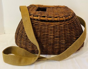 lot 180C image: K - Vintage Wicker Creel Basket with Canvas Strap 16 Inch