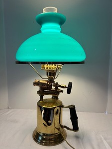 lot 201C image: LR - Vintage Brass Table Lamp with Blue Glass Shade