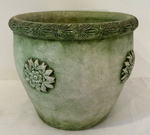 lot 205C image: K - Green Glazed Ceramic Flower Pot with Floral Relief 7 x 8 Inch