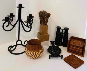 lot 207C image: K - Vintage Decor Collection Wrought Iron Candelabra, Wooden Statue, Binoculars, and Accents