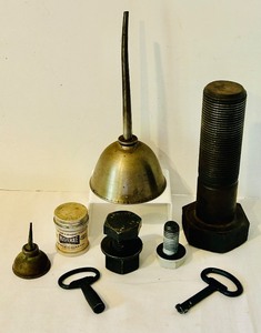 lot 216C image: LR - Collection of Vintage Industrial Hardware and Oil Cans with Musterole Jar
