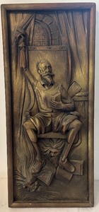 lot 220C image: LR - Wood Carved Wall Art Panel Featuring Bearded Man with Book