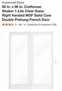Krosswood 60x96 interior white clear glass French doors