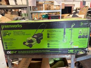 lot 01 image: Greenworks Powerball 24 Mower Combo Kit with Blower and Trimmer
