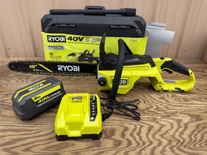 lot 21 image: Ryobi 40V HP Brushless 18 in. Cordless Battery Powered Chainsaw Kit - 6.0 Ah Battery and Rapid Charger Included LIGHTly USED - MSRP $379
