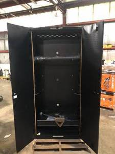 lot 24 image: Husky Heavy Duty Welded 20-Gauge Steel Freestanding Garage Cabinet in Black (36 in. W x 81 in. H x 24 in. D) Damaged No Keys  Customer Returns See Pictures