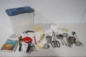 lot 97 image: Kitchen Utensils and Rubbermaid Bin