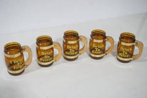 lot 120 image: Vintage Brown Glass Beer Mugs wWooden Handles. I drink to... (5ct)