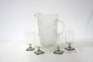 lot 156 image: vintage glass pitcher with 4 stemmed glasses