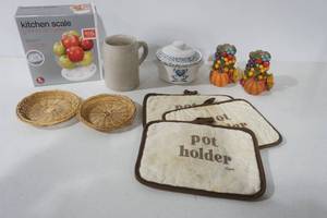 lot 171 image: Food Scale, Small Crock, Stoneware Mug, Pot Holders and Other Decor
