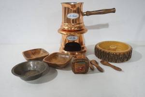 lot 174 image: Vintage Copper Sauce Warmer Set, Vintage Wooden Nut Bowl, Vintage Mini Pie Plate, Wooden Bowls and Spoons