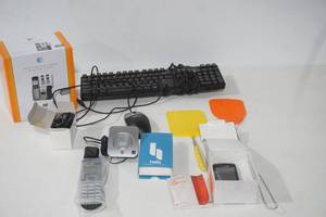 lot 196 image: Electronics, Fly Swatters, 12V adaptor, LG Ally Cell Phone