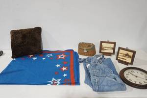 lot 200 image: Vintage Decor, Bib Overalls, NEW Fleece Throw Blanket and more