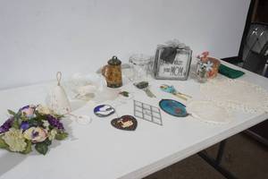 lot 205 image: Vintage Jefferson Glass Opalescent Bowl, Terracotta Bell, Metal Decorative Coffee Pot and other Decor