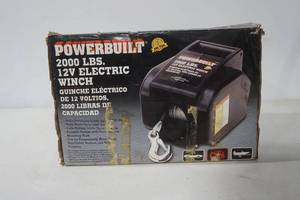 lot 218 image: Powerbuilt 2000 LBS. 12V Electric Winch (NEW IN BOX)