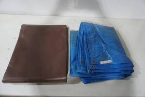 lot 253 image: Brown Vinyl Tarp NEW 10x8 & Blue Poly Tarp 10x12