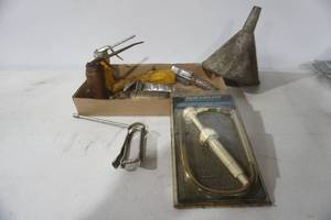 lot 314 image: Oil Cans, Funnel, Gear Lube Pump, Air Compressor Sprayer Attachment, (3ct) Vintage Oil Can Spouts
