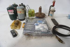 lot 315 image: Partial Propane Tanks, Anchor, Boat Fire Extinguisher, NEW Tarp, hose and more