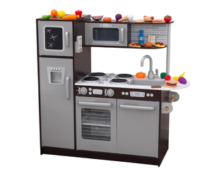 lot 446 image: KidKraft Uptown Espresso Wooden Play Kitchen and 30-Piece Play Food Accessories