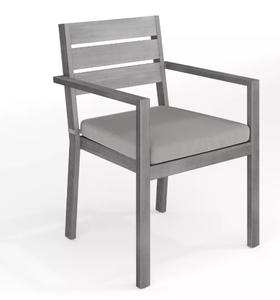 lot 461 image: Martha Stewart Bedford Indoor-Outdoor Stackable Patio Dining Armchair with Brushed Woodgrain Aluminum Finish and All-Weather Seat Cushion