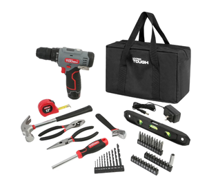 lot 366 image: Hyper Tough 12V Max Cordless 38-inch Drill Driver 50-Piece Project Kit with 1.5Ah Lithium-Ion Battery, Charger, and Storage Bag