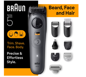 lot 374 image: Braun All-in-One Series 5 Trimmer Kit, Ultra Sharp Blade, Up to 120 min, 40 Lengths, PrecisionWheel & Lock, Waterproof, AIO 5510, Moonstone Grey (Missing Charging Stand)