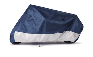 lot 376 image: Budge Standard Motorcycle Cover, for Indoor & Outdoor Use with Water-Resistant UV Protection, Size 1 for Large Motorcycles, Blue & Silver