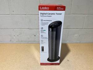 lot 502 image: Lasko 22 Oscillating 3-Speed Remote Controlled Ceramic Tower Space Heater, Black, CT22495
