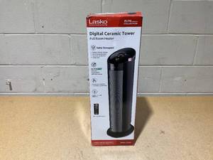 lot 514 image: Lasko 22 Oscillating 3-Speed Remote Controlled Ceramic Tower Space Heater, Black, CT22495