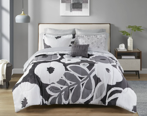 lot 298 image: Mainstays 11-Piece Bed in a Bag Comforter Set with Sheets, Black and White Floral, King
