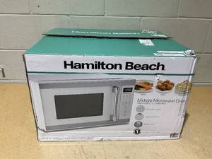 lot 288 image: Hamilton Beach 1.1 Cu ft Countertop Microwave Oven, White and Stainless Steel