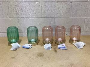 lot 499 image: LOT OF 5  Cordless Dimmable Table Lamp with Madarin Orange and Green Glass Shade, Rechargeable Battery Operated for Bedroom, Living Room